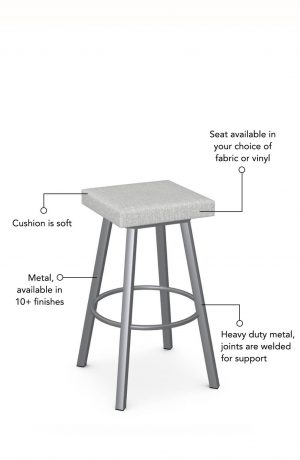 Soft seat cushion is available in fabric or vinyl, and the metal is welded at the joints for support. This bar stool is custom made for you!