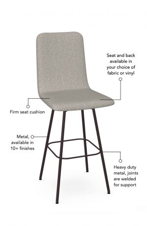 Seat cushion is available in fabric or vinyl, and the metal is welded at the joints for support. This bar stool is custom made for you!