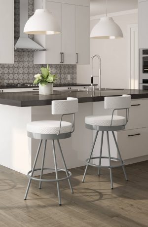 Amisco's Umbria Modern Urban Swivel Bar Stools with Low Back - Shown in Modern White and Black Kitchen