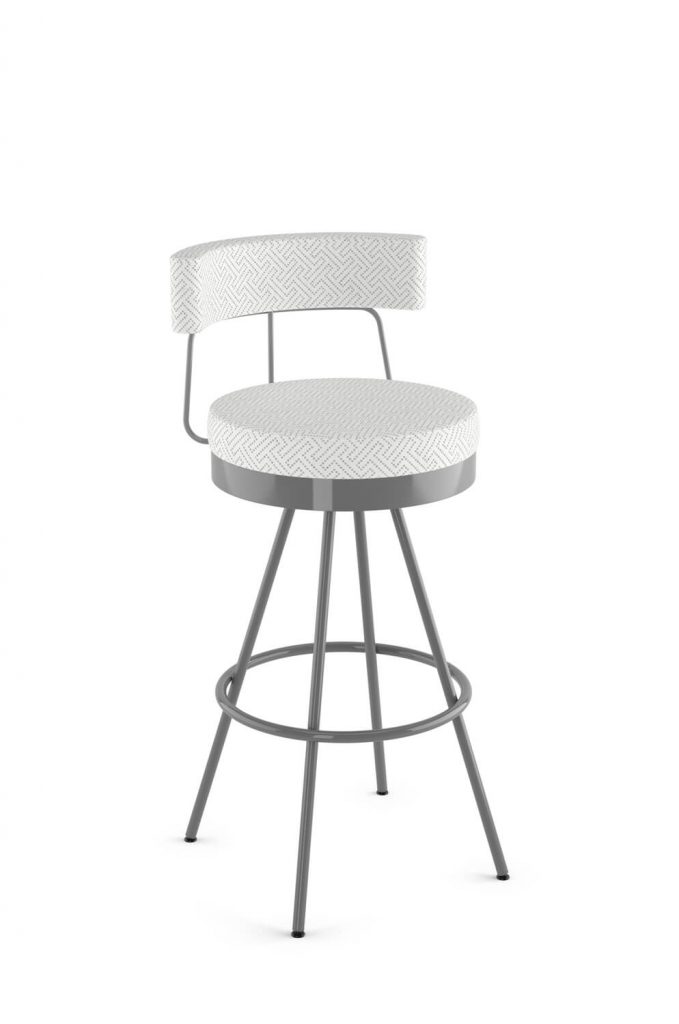 Amisco's Umbria Upholstered Swivel Metal Bar Stool with Low Back in Silver Metal and White Pattern