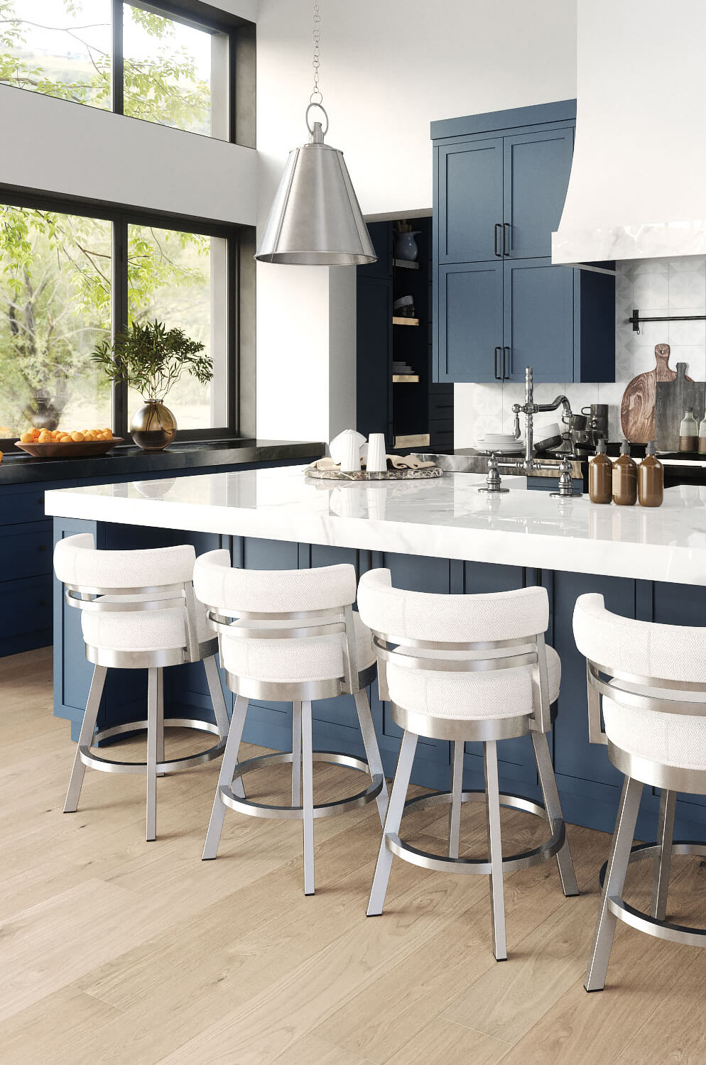 Wesley Allen's Miramar Brushed Stainless Swivel Barstools with Low Back in Blue and White Kitchen