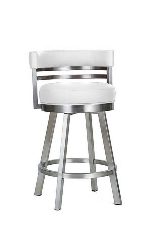 Wesley Allen's Miramar Modern Swivel Bar Stool with Low Back in Silver Stainless Steel and White Bonded Leather