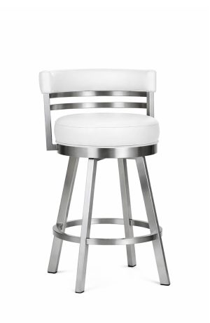 Wesley Allen's Miramar Modern Swivel Bar Stool with Low Back in Silver Stainless Steel and White Bonded Leather