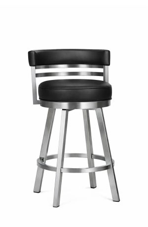 Wesley Allen's Miramar Modern Swivel Bar Stool with Low Back in Silver Stainless Steel and Black Vinyl