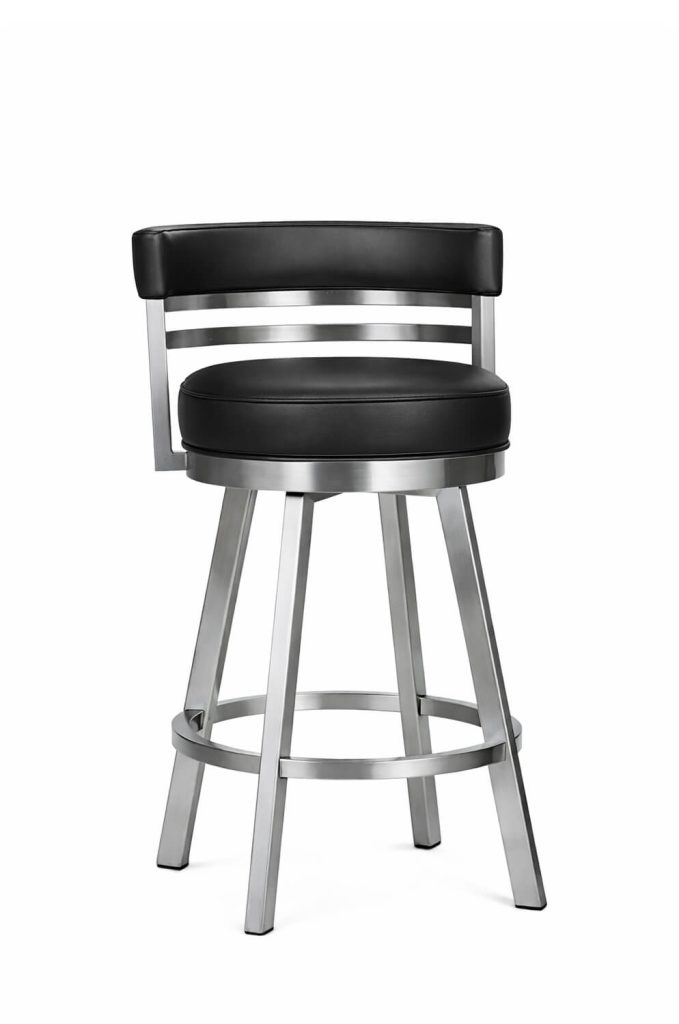 Wesley Allen's Miramar Modern Swivel Bar Stool with Low Back in Silver Stainless Steel and Black Vinyl