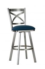 Wesley Allen's Edmonton Swivel Barstool with Back in Stainless Steel metal finish and Blue seat cushion