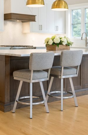 Wesley Allen's Miami Modern Stainless Steel Bar Stools in Modern Kitchen