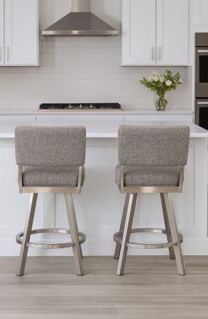 Wesley Allen's Miami Silver Gray Swivel Bar Stools in White Kitchen