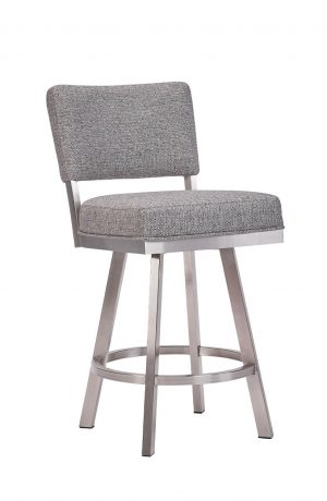 Wesley Allen's Miami Modern Swivel Bar Stool in Brushed Stainless Steel and Gray Fabric