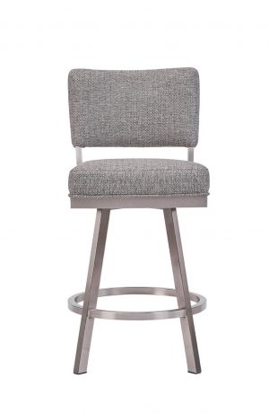 Wesley Allen's Modern Swivel Bar Stool in Brushed Stainless Steel and Gray Fabric - Front View