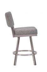 Wesley Allen's Modern Swivel Bar Stool in Brushed Stainless Steel and Gray Fabric - Side View