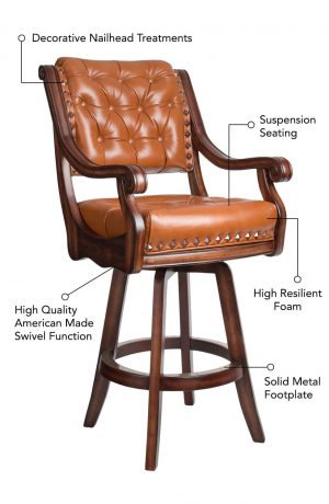 Darafeev's Ponce De Leon Wood Swivel Stool featuring decorative nailhead treatments, suspension seating, high resilient foam, solid metal footplate, and high quality American made swivel function.