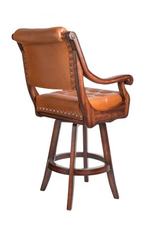 Darafeev's Ponce De Leon Luxury Wooden Swivel Bar Stool with Arms, Button Tufting on Back, and Nailhead Trim - View of Back