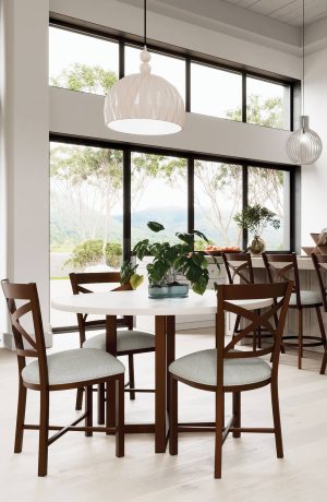 Wesley Allen's Edmonton Bronze Metal Dining Chairs in Open-Concept Kitchen