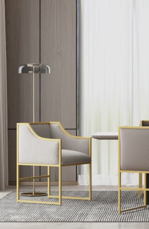Wesley Allen's Mila Modern Dining Arm Chairs in Gold in Dining Room