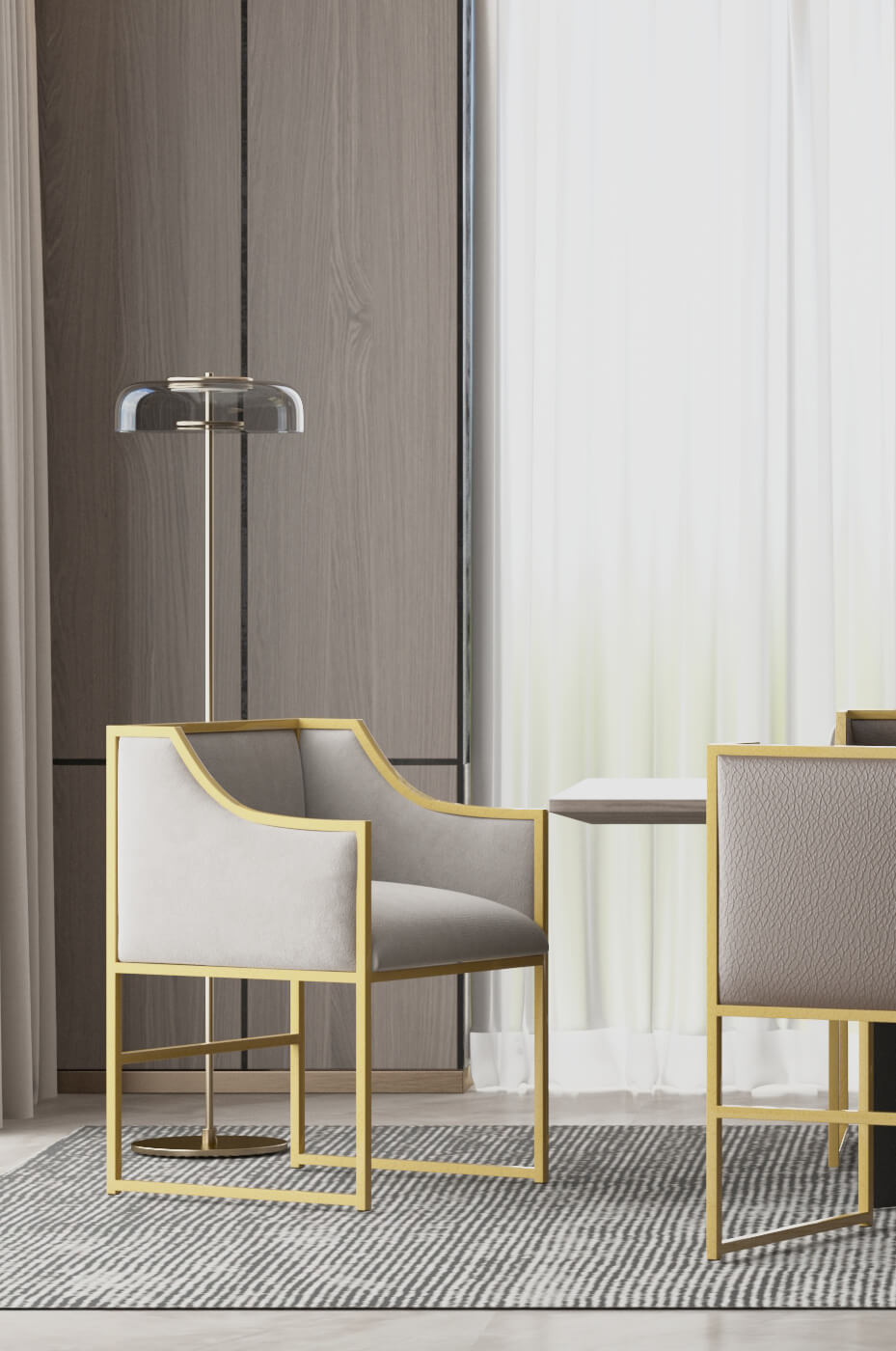 Wesley Allen's Mila Modern Dining Arm Chairs in Gold in Dining Room