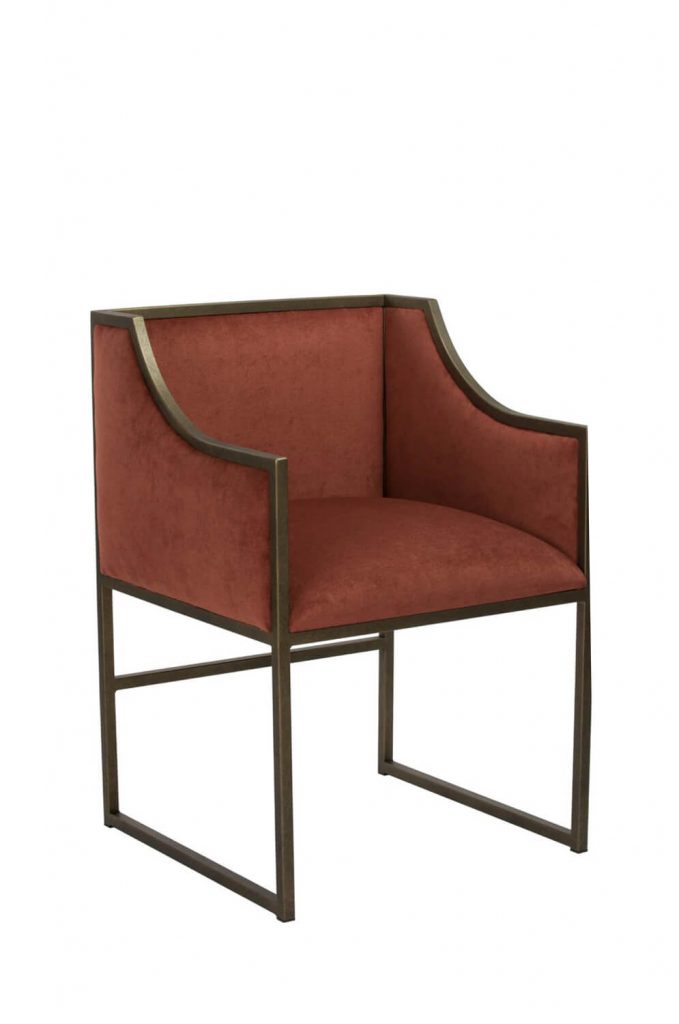 Wesley Allen's Mila Upholstered Dining Chair in Red Fabric and Brass Bisque Metal - With Arms