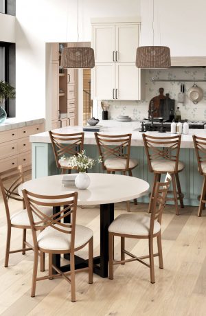 Wesley Allen's Raleigh Bronze Metal Dining Chairs in Open-Concept Kitchen