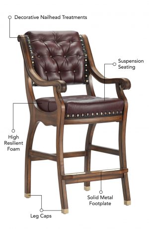 Darafeev's Ponce De Leon Wood Swivel Stool featuring decorative nailhead treatments, suspension seating, high resilient foam, solid metal footplate, and leg caps.