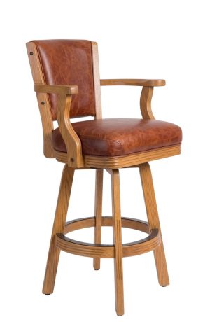 Honey Oak Wood Swivel Bar Stool with Arms - Brown Leather - Darafeev