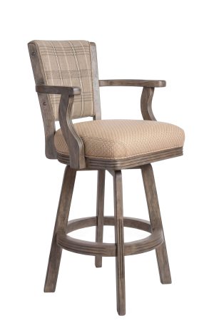 Wood Swivel Bar Stool with Arms - Plaid Upholstery - Darafeev #660