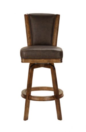 Darafeev's 915 Brown Wood Swivel Bar Stool with Back and Leather Seat Upholstery - Front View