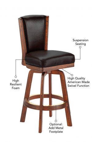 Features suspension seating with high resilient foam, solid metal footplate, and wood detailing.