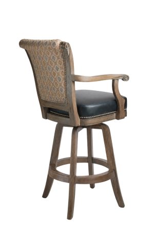 Darafeev's Classic Wooden Upholstered Swivel Bar Stool with Arms and Nailhead Trim - View of Back