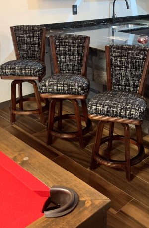 Darafeev's 915 Tobacco Maple Wood Swivel Bar Stools in Playa Onyx Black and White Fabric - in Rec Room