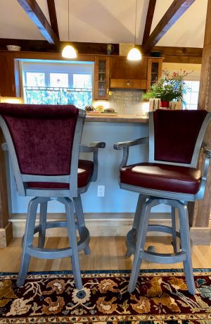 Darafeev's Classic Maple Swivel Bar Stools with Arms in Gray Wood Finish and Burgundy Seat Back Cushion