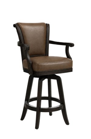 Rustic Graphite Oak Wood Swivel Bar Stool with Arms and Brown Leather - Classic Oak Darafeev