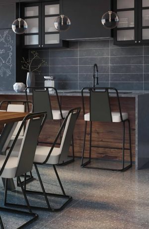 Amisco's Cassidy Modern Stationary Bar Stool in Dark Brown and Light Gray Fabric - In Modern Open Concept Kitchen