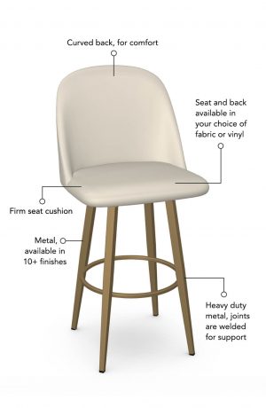 Seat and back cushion is available in fabric or vinyl and the metal is welded at the joints for support. This bar stool is custom made for you!