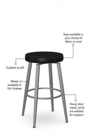 Soft seat cushion is available in fabric or vinyl and the metal is welded at the joints for support. This bar stool is custom made for you!