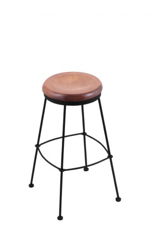 Holland's 3030 Backless Metal Bar Stool in Black Metal and Medium Maple Wood Seat Finish