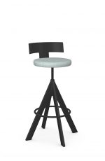 Amisco's Uplift Modern Low Back Swivel Adjustable Bar Stool in Black Metal and Blue Seat Cushion