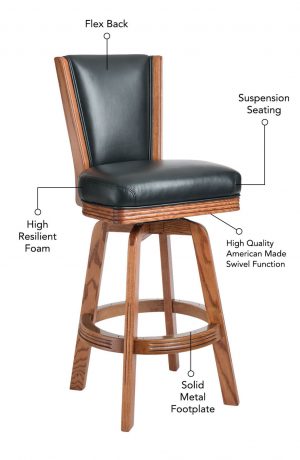 Featuring a flex back, suspension seating, high resilient foam, high quality American-made swivel function, and solid metal footplate.