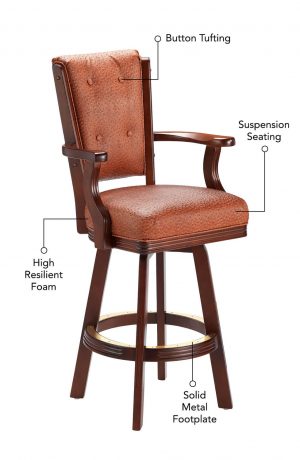Featuring high resilient foam, suspension seating, arms, button-tufting on the back, and a solid metal footplate.