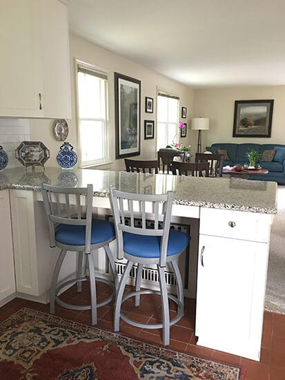 Holland's Contessa Traditional Swivel Silver Bar Stools with Blue Seat Cushion in Kitchen