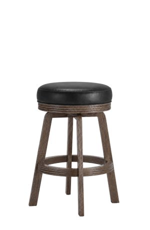 Rustic Oak Wood Backless Swivel Bar Stool with Black Leather