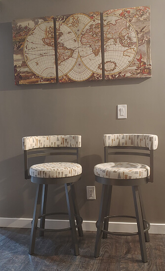 Amisco's Ronny Swivel Counter Stools in Gray Metal and Arrowhead Fabric