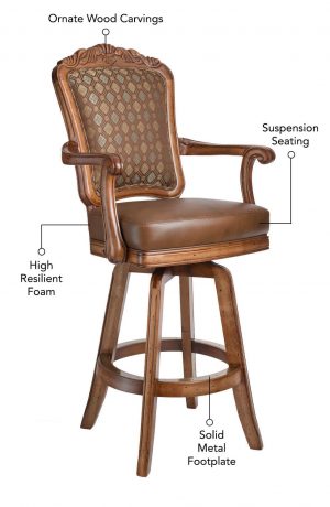 Featuring high resilient foam, suspension seating, solid metal footplate, and ornate wood carvings on the back.