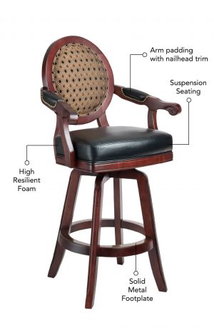 Featuring high resilient foam, suspension seating, solid metal footplate, and arm padding with nailhead trim.