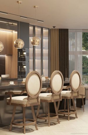 Darafeev's Chantal Classic Wood Bar Stools with Oval Back and Arms in Luxury Modern Apartment Kitchen