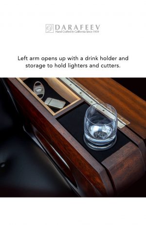 Left arm opens up with a drink holder and storage to hold lighters and cutters.