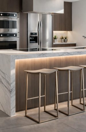 Trica's Bocca Modern Backless Bar Stools in An Ultra Modern Luxury Kitchen - Full Kitchen View