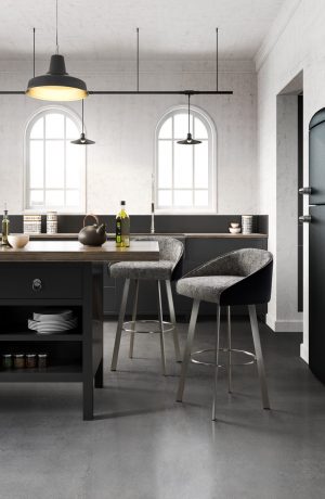 Trica's Liv Modern Low Back Barstools in Brushed Steel in Modern Gray and Black Kitchen