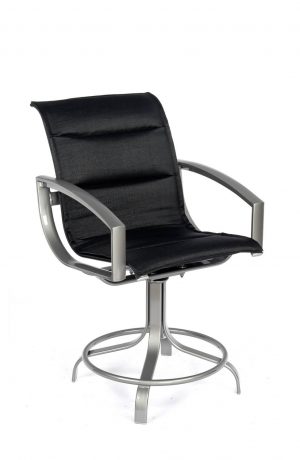 Woodard's Metropolis Padded Sling Outdoor Swivel Counter Stool with Arms in Black and Silver