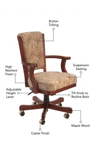 Featuring suspension seating, high resilient foam, button-tufting on the back, a lever to adjust the seat height, and casters/wheels on the feet.