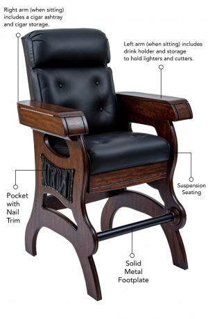 This bar stool features button-tufted on back, welt outline throughout the seat and back cushion, suspension seating, pocket with nail trim, solid metal footplate. Both arms include storage for the most elite cigar enthusiast!